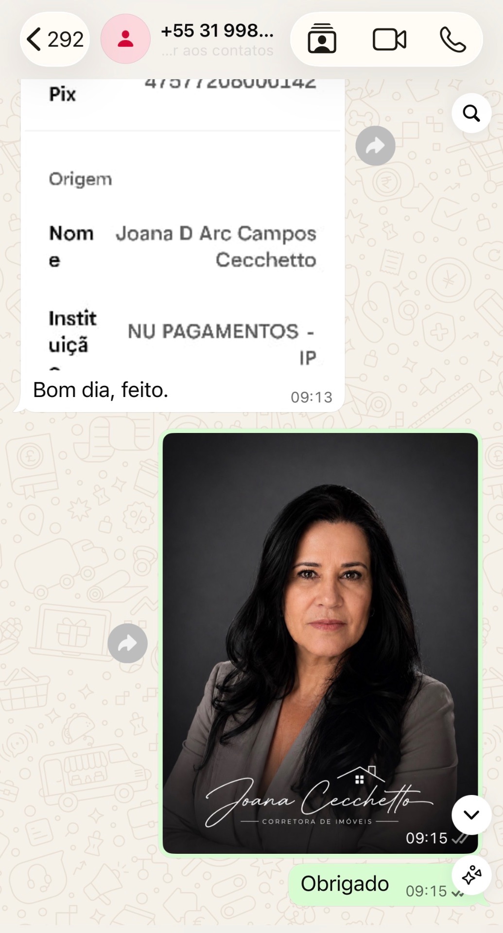 Cliente Joana enviando comprovante Pix e recebendo a foto profissional pelo WhatsApp