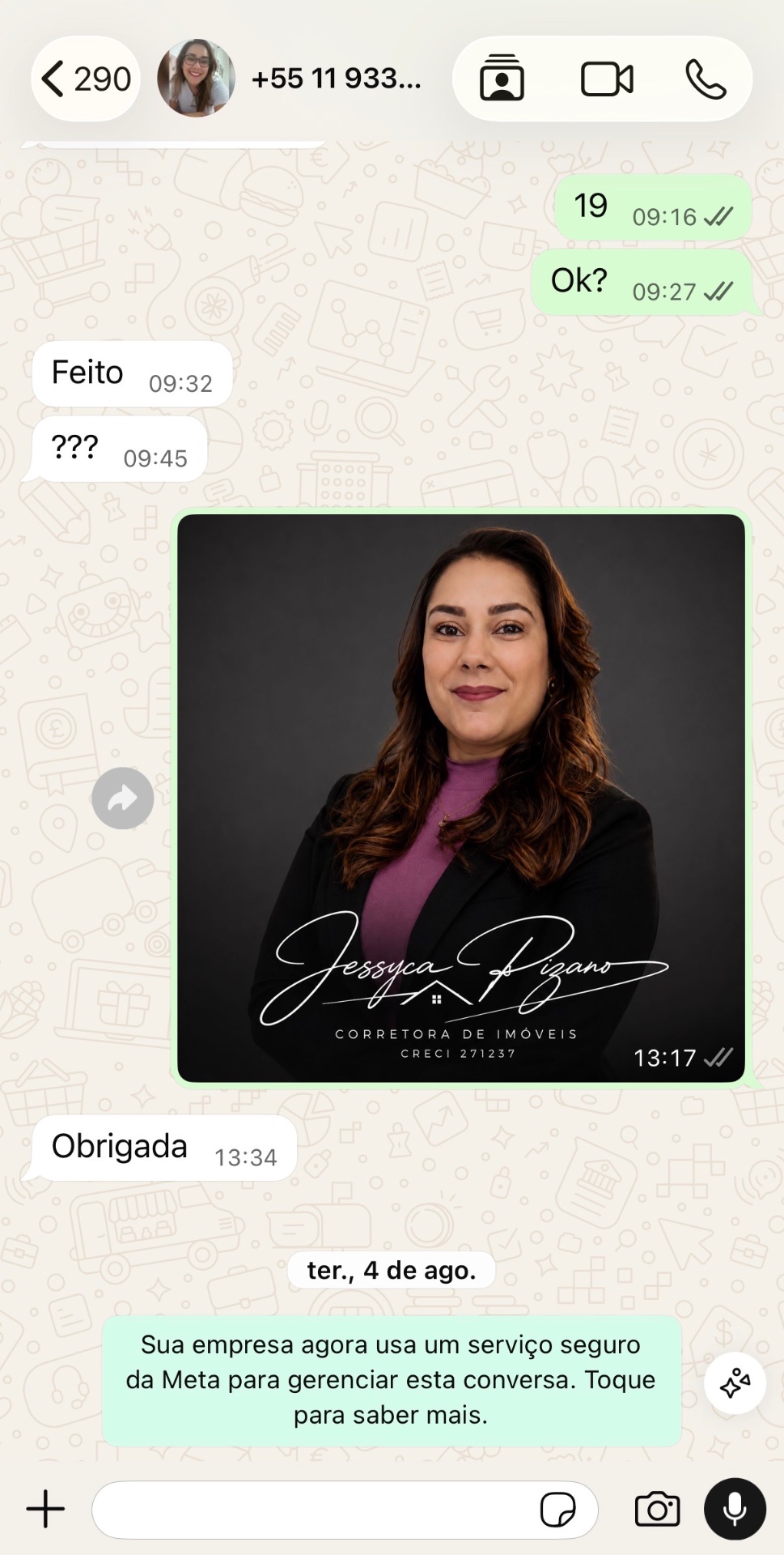 Cliente Jessyca agradecendo após receber a foto profissional pelo WhatsApp